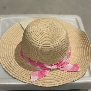 Max Studio Girls Tan Sun Hat with Pink and White Ribbon